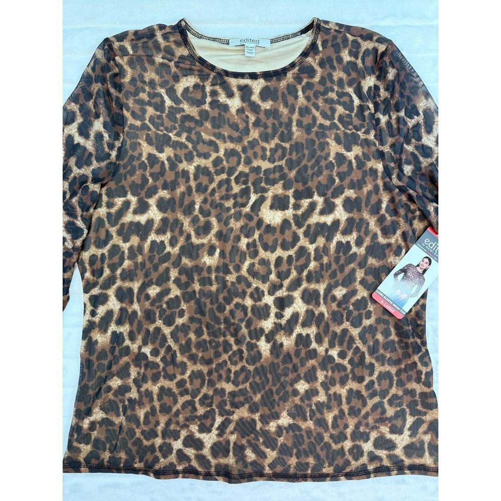 Edited Shirt Womens XLarge Cheetah Print Blouse Long Sleeve Mesh Round Neck New